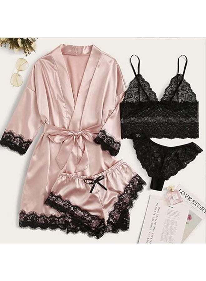 4 حزمة النساء ملابس ليلية مجموعة، الدانتيل مقطوعة الحرير الساتين بيجاما مجموعة، السيدات الصيف التنفس المنزل ارتداء الملابس البدلات، ملابس نوم الداخلية مع رداء، الوردي / الأسود، S الحجم - Image 5